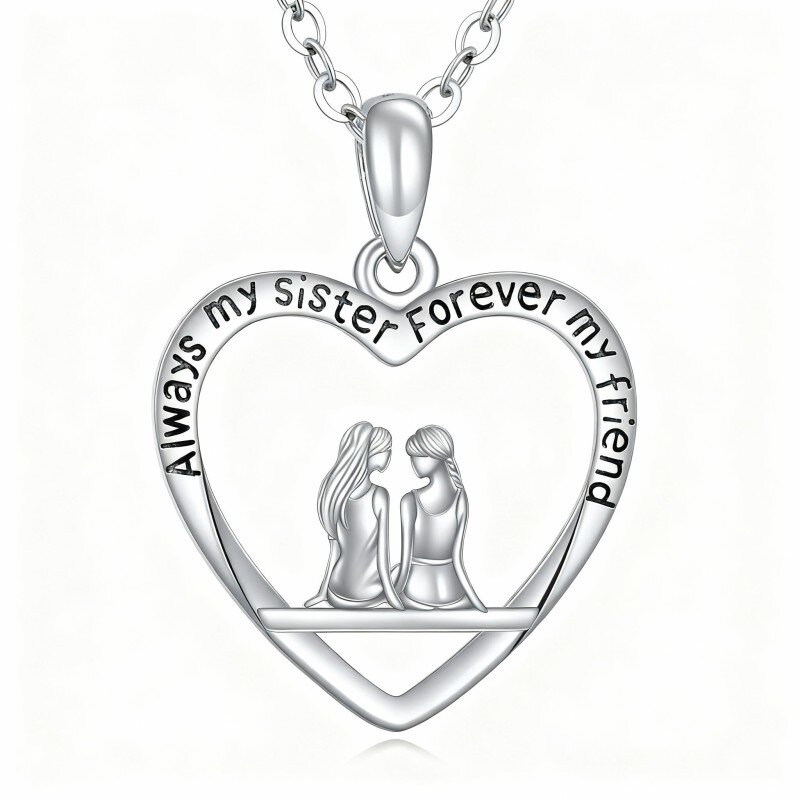10K White Gold Sisters & Heart Pendant Necklace with Engraved Word-17