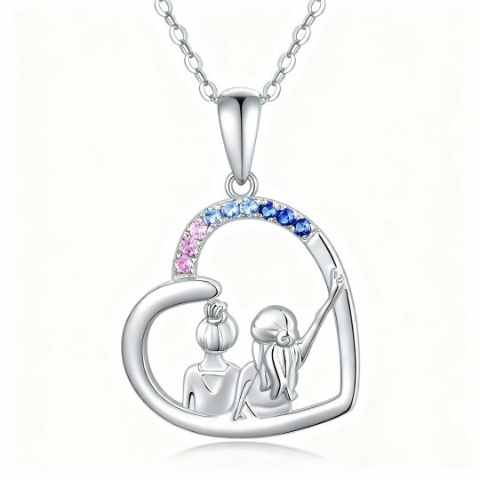10K White Gold Cubic Zirconia Sisters & Heart Pendant Necklace