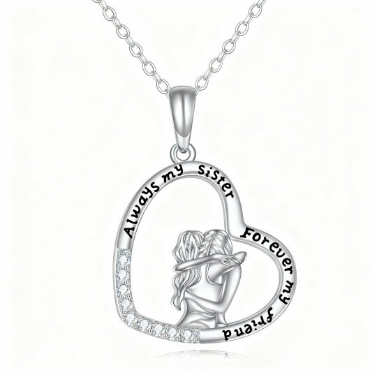 10K White Gold Cubic Zirconia Sisters & Heart Pendant Necklace with Engraved Word