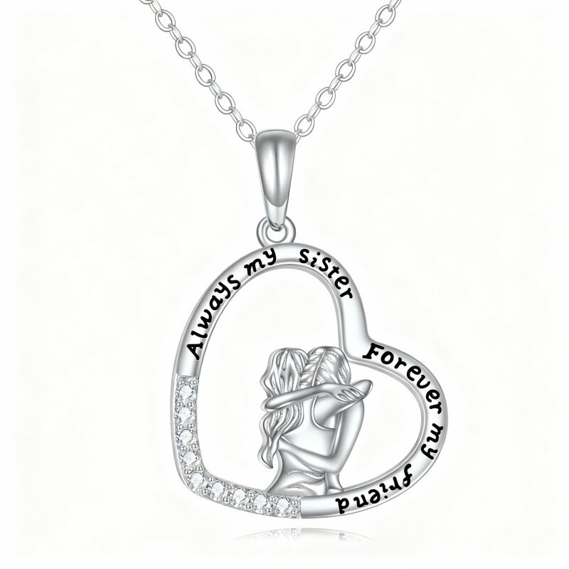 10K White Gold Cubic Zirconia Sisters & Heart Pendant Necklace with Engraved Word-15