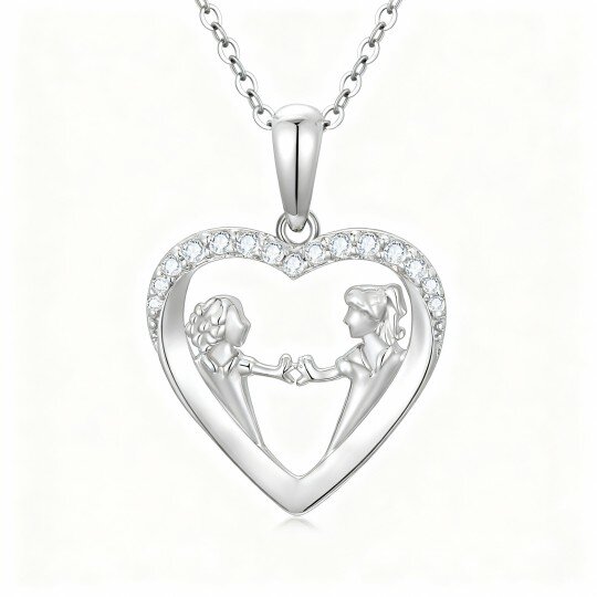 10K White Gold Cubic Zirconia Sisters & Heart Pendant Necklace