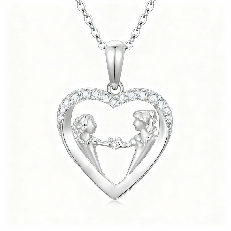 Colar com pendente coração e irmãs em ouro branco 10K com zircónias cúbicas-20