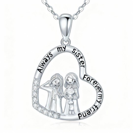 10K White Gold Cubic Zirconia Sisters & Heart Pendant Necklace