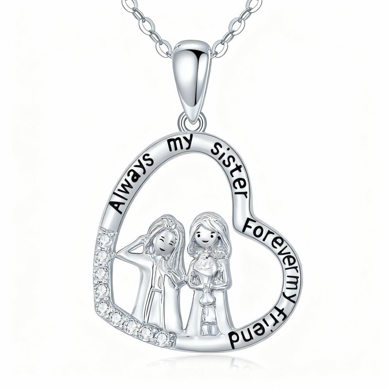 Collar con colgante de corazón y hermanas en platino con circonitas cúbicas chapadas en oro blanco-1