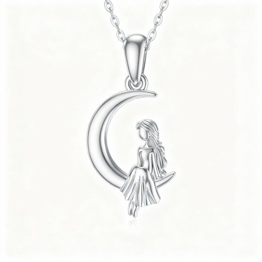 10K White Gold Sisters & Moon Pendant Necklace