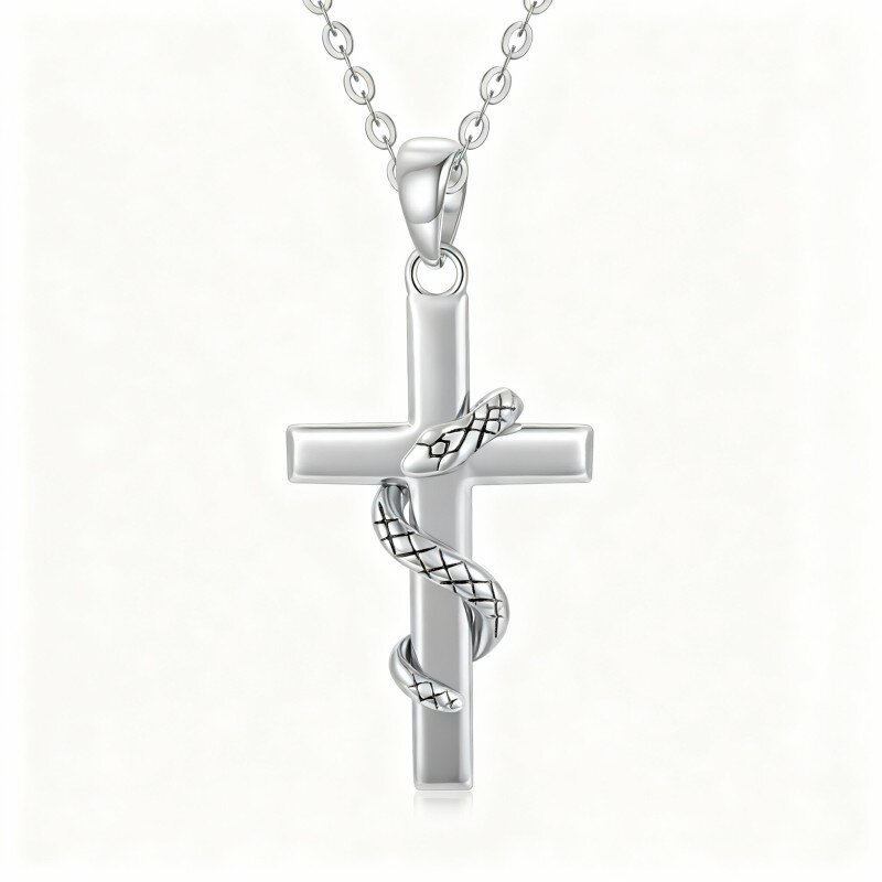 9K White Gold Snake & Cross Pendant Necklace-3