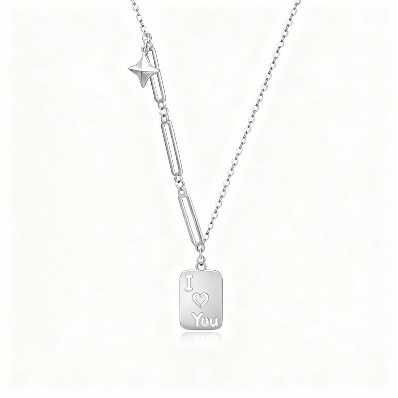 Collana con ciondolo quadrato in oro bianco 10K con parola incisa-8