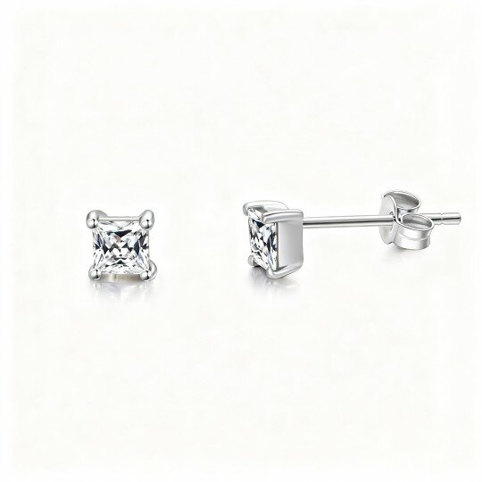10K White Gold Cubic Zirconia Square Stud Earrings