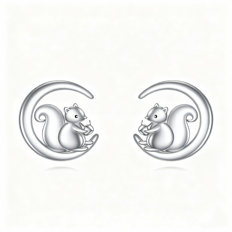 Brincos em ouro branco 10K com esquilo e lua-9