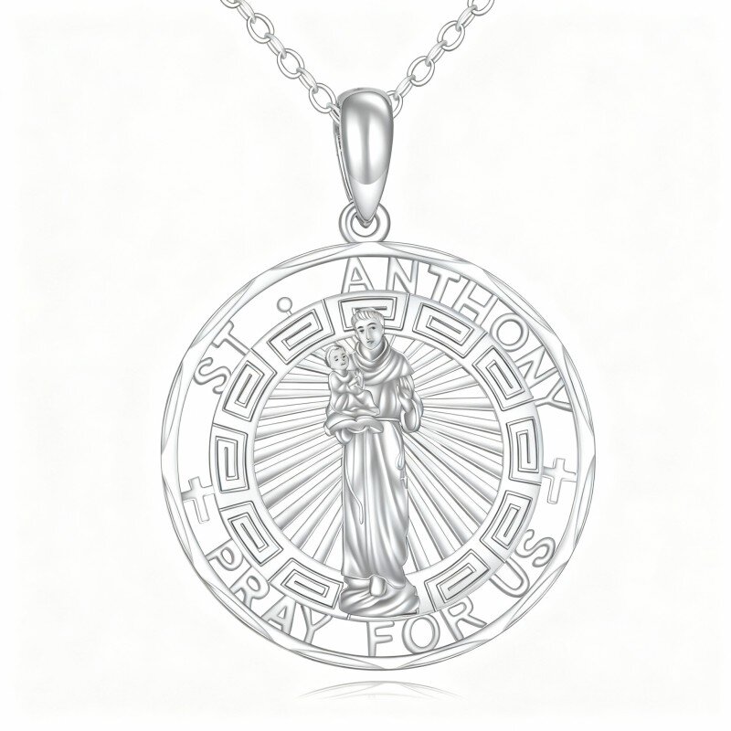 10K White Gold St. Anthony Pendant Necklace with Engraved Word-2