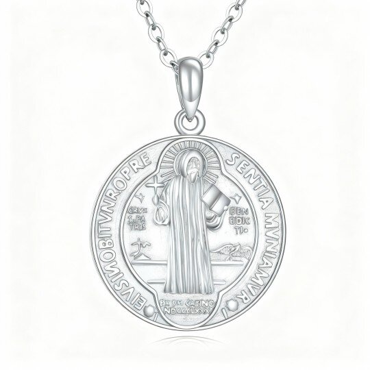 10K White Gold St Benedict Medal Pendant Necklace for Men
