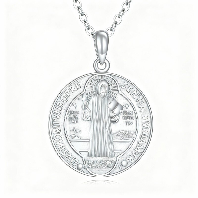 10K White Gold St Benedict Medal Pendant Necklace for Men-1