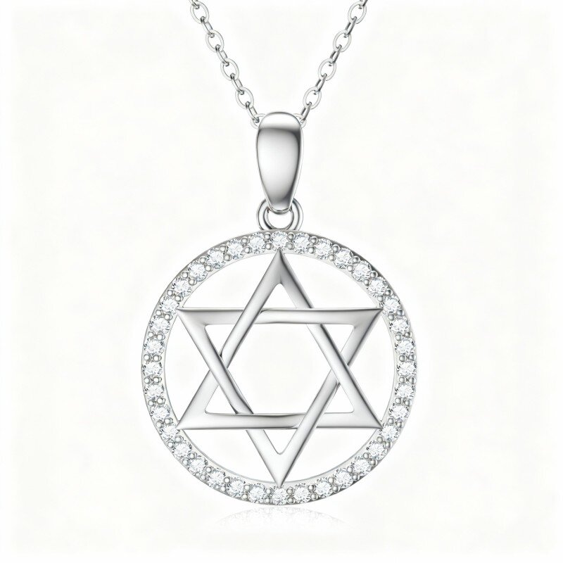 Colar com pendente Estrela de David em ouro branco 10K e zircónias cúbicas-14