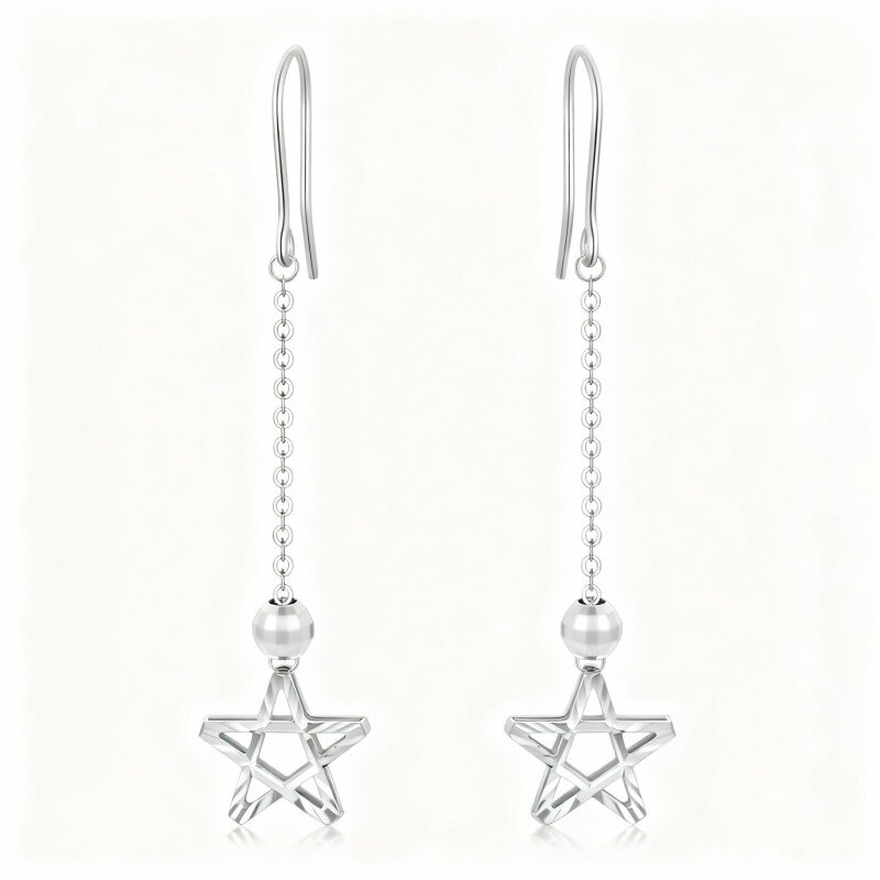 10K White Gold Star Drop Earrings-9