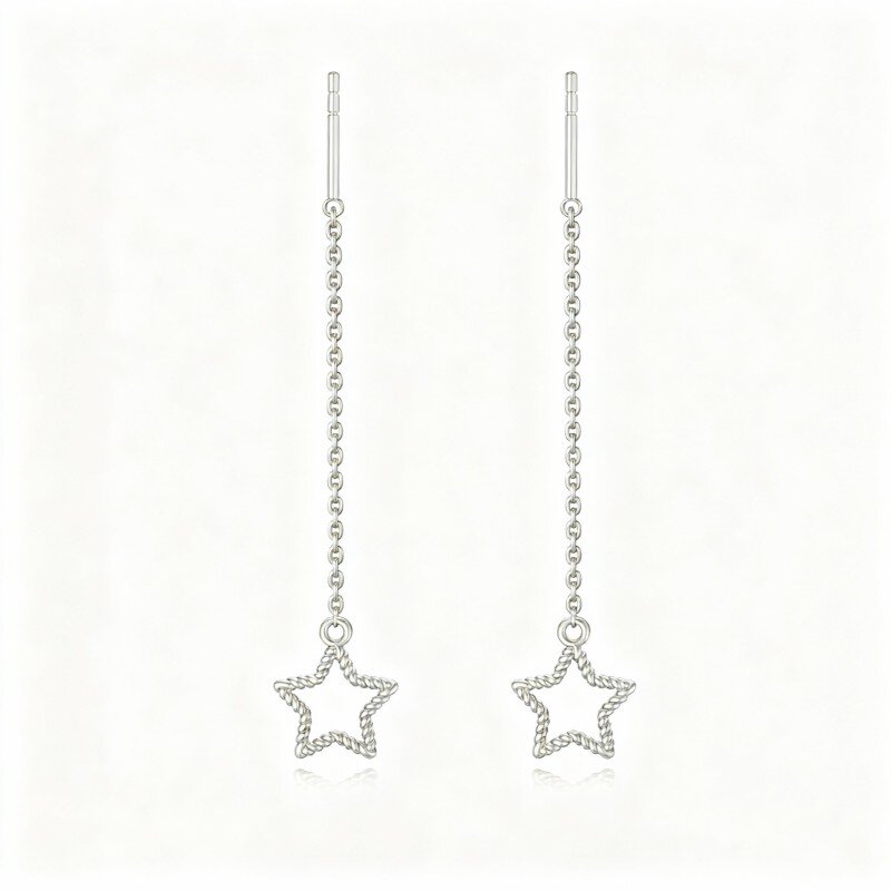 10K White Gold Star Drop Earrings-7