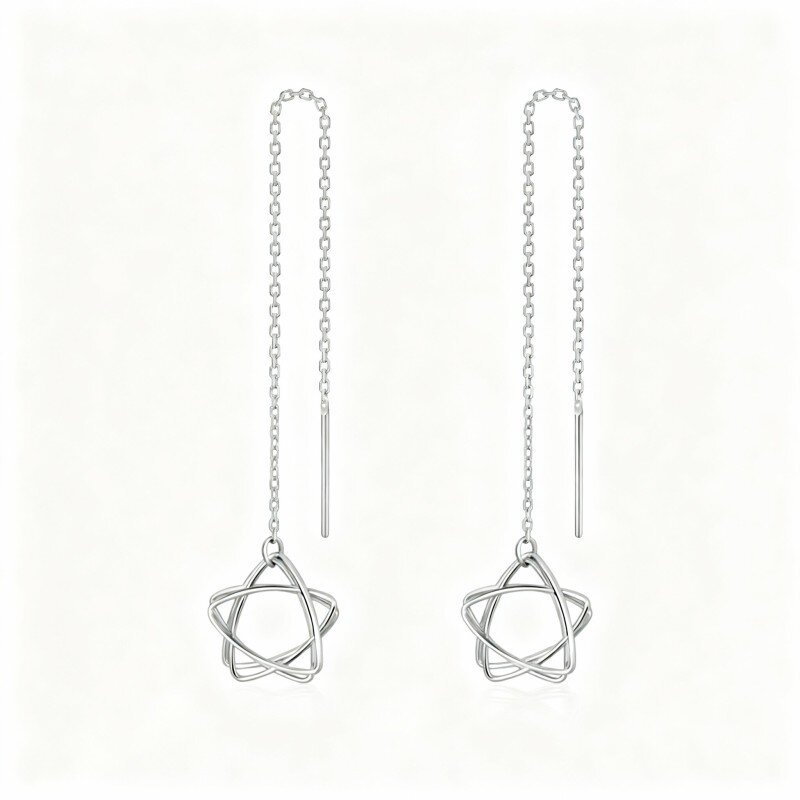 10K White Gold Star Drop Earrings-8