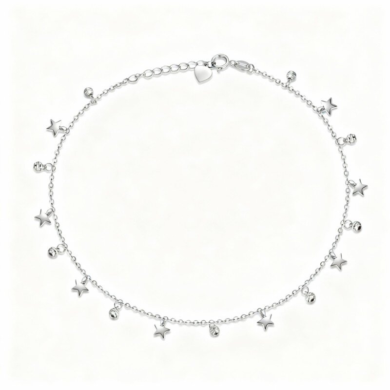 10K White Gold Star Single Layer Charm Anklet-4