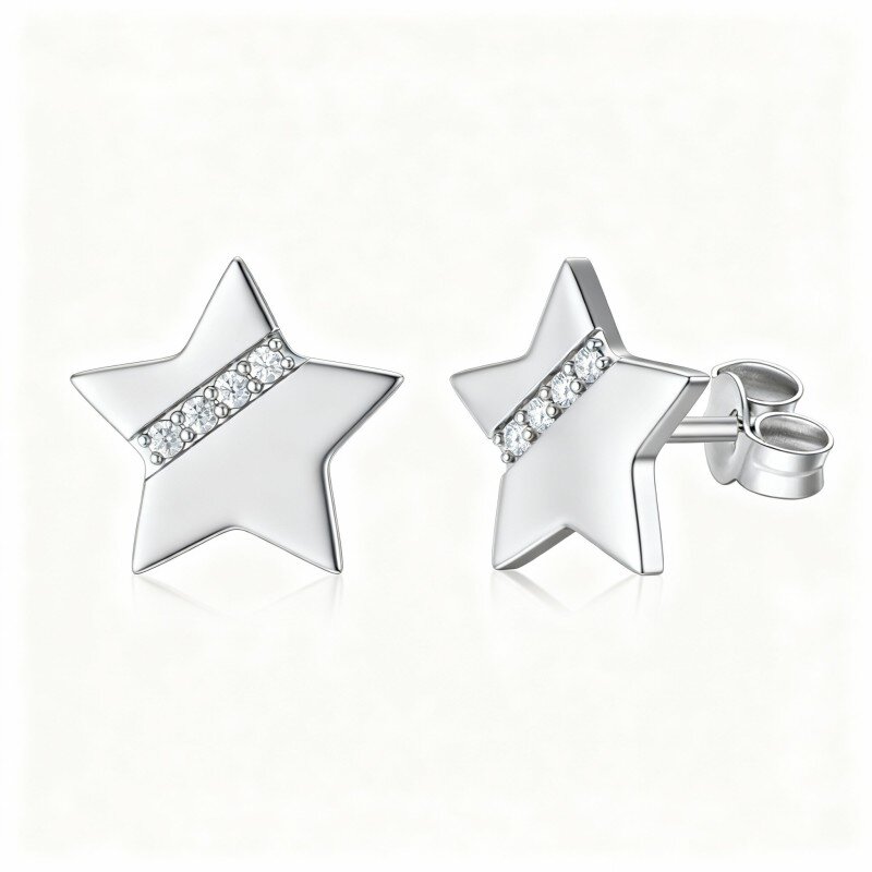Brincos estrela em ouro branco 10K com zircónias cúbicas-20