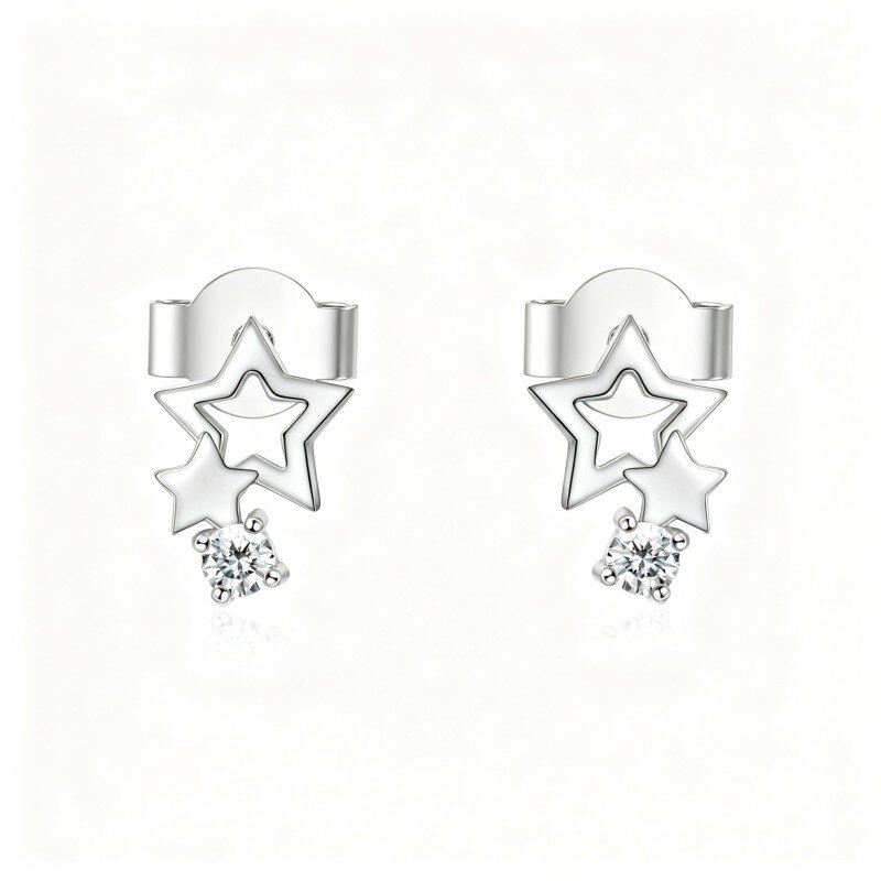 Brincos estrela em ouro branco 10K com zircónias cúbicas-10