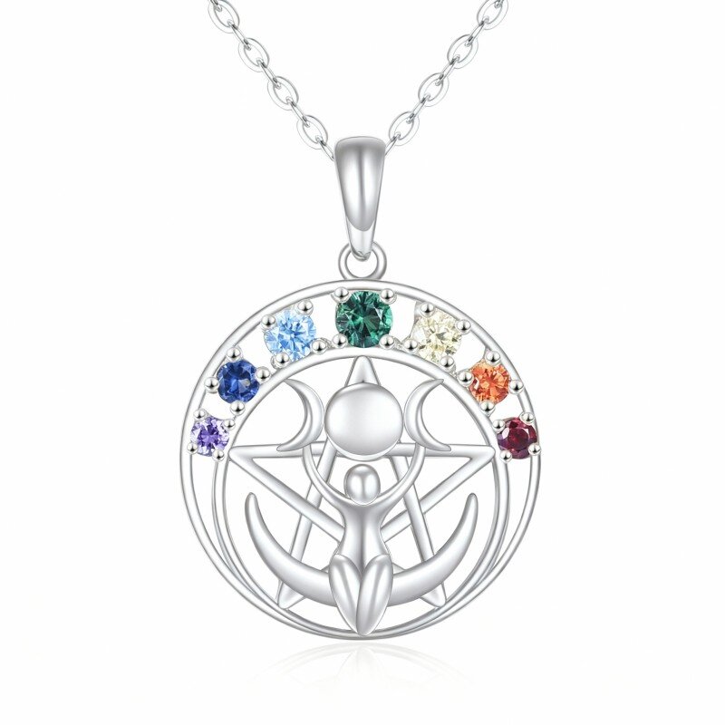 Colar com Pendente Deusa Estrela e Tripla Lua em Ouro Branco 10K com Zircónias Cúbicas-13