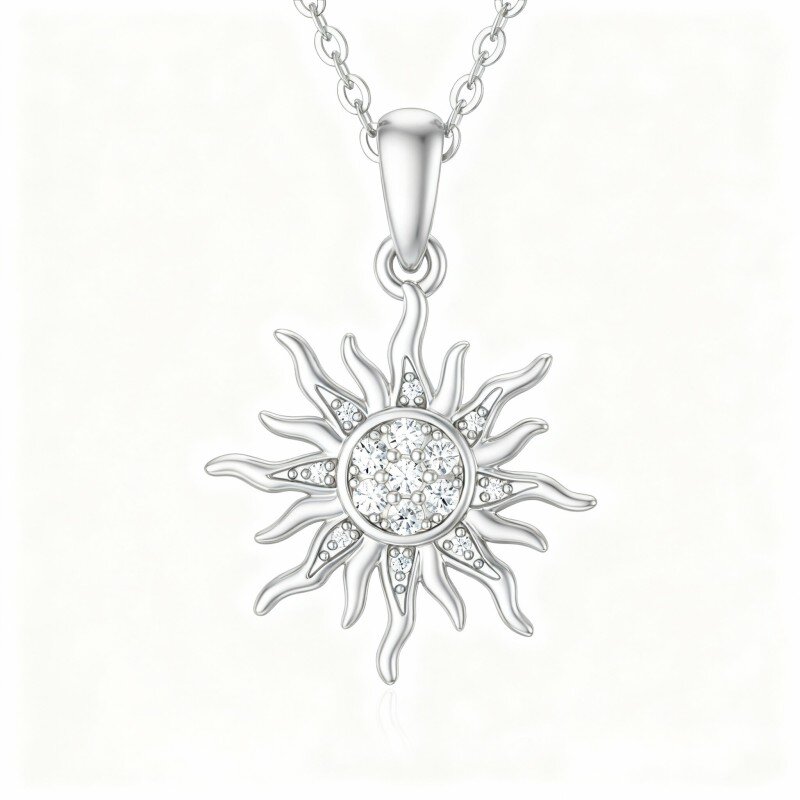 10K White Gold Cubic Zirconia Sun Pendant Necklace-9