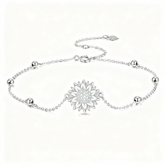 Pulseira com pendente girassol e missangas em ouro branco 10K com zircónias cúbicas