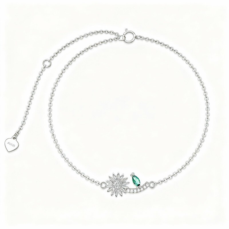 Pulseira com pendente girassol em ouro branco 10K e zircónias cúbicas-12