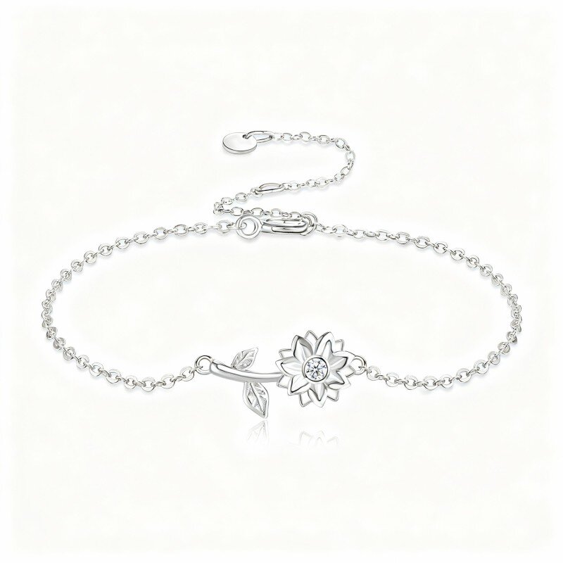 Pulsera con dije de girasol de oro blanco de 10 quilates y circonitas cúbicas-16