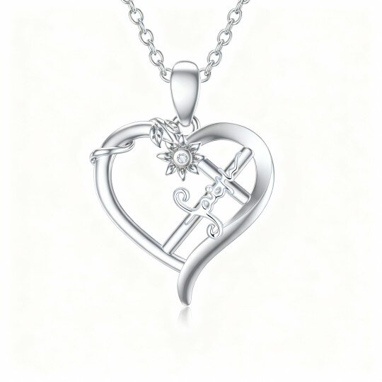 Colar com pendente girassol, cruz e coração em ouro branco 9K com zircónias cúbicas e gravação.