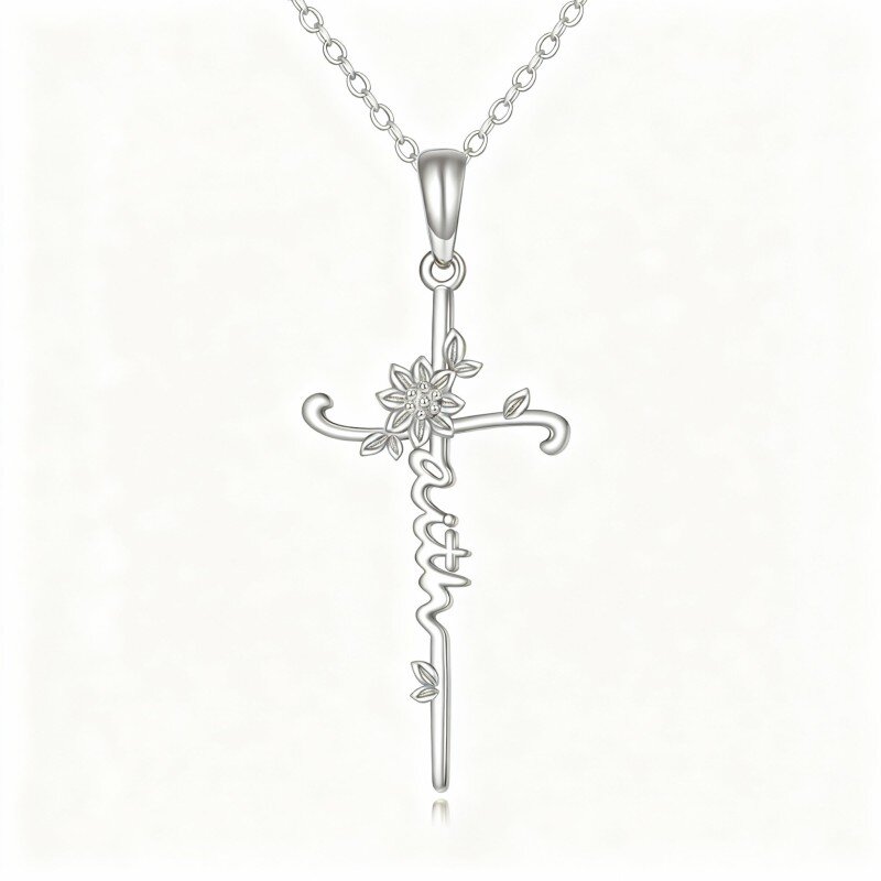 Collar con colgante de girasol y cruz de oro blanco de 10 quilates con palabra grabada-2