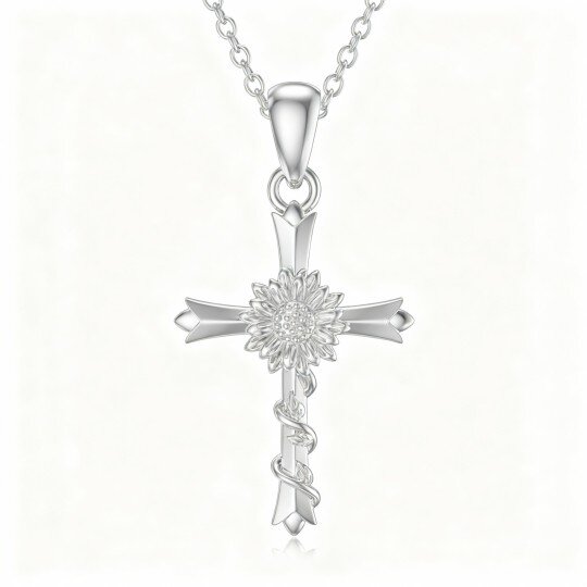 Colar com pendente girassol e cruz em ouro branco 10K