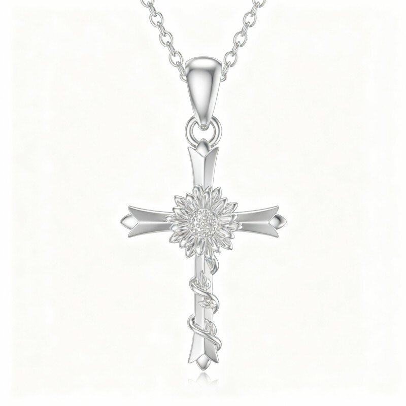 Colar com pendente girassol e cruz em ouro branco 10K-17