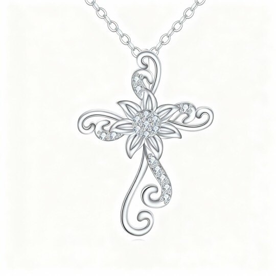 10K White Gold Cubic Zirconia Sunflower & Cross Pendant Necklace