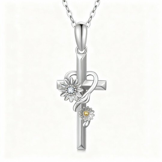 Colar com pendente girassol e cruz em ouro branco 10K com zircónias cúbicas