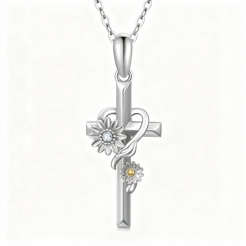 Colar com pendente girassol e cruz em ouro branco 10K com zircónias cúbicas-4