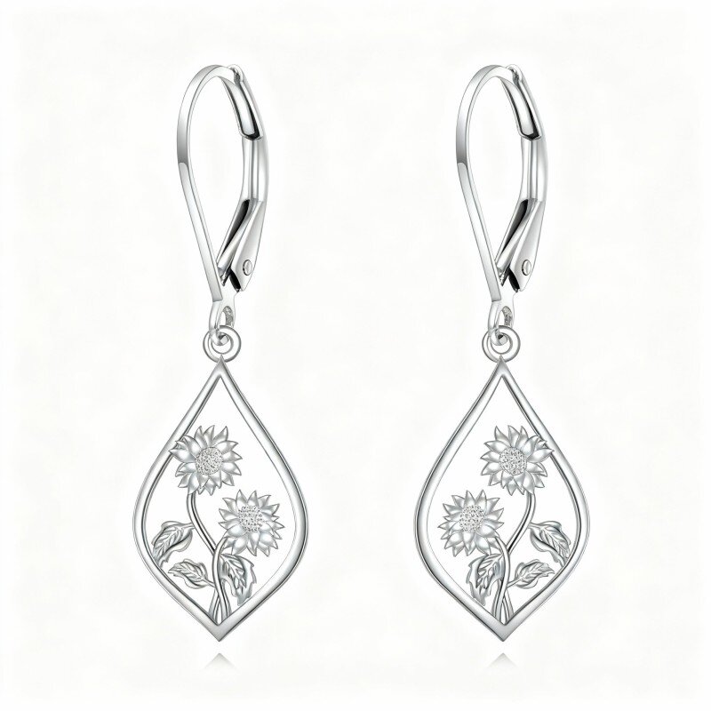 Pendientes colgantes de girasol en oro blanco de 10 quilates-2