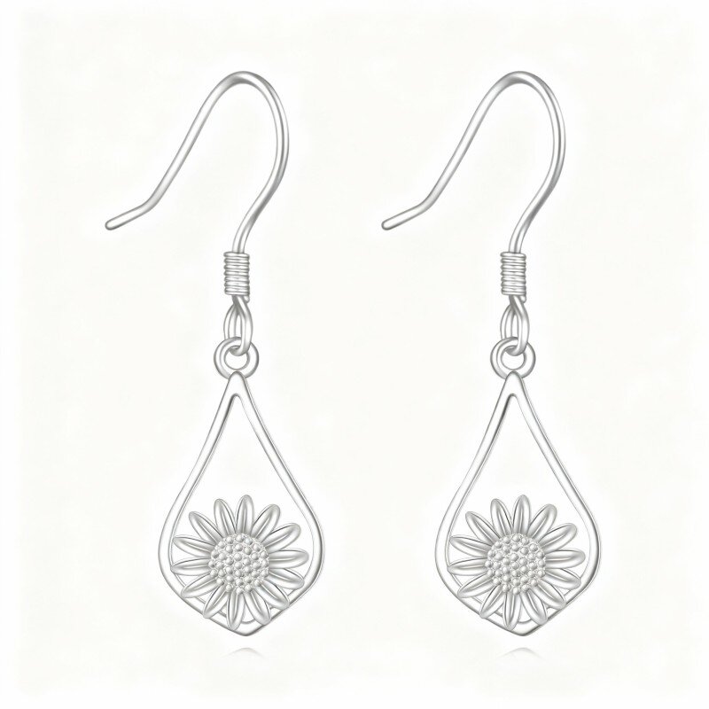 Pendientes colgantes de girasol en oro blanco de 10 quilates-6