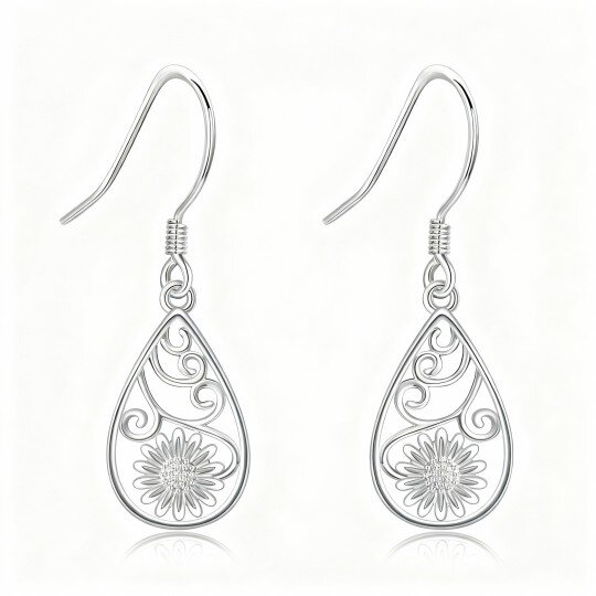 Pendientes colgantes de girasol en oro blanco de 10 quilates