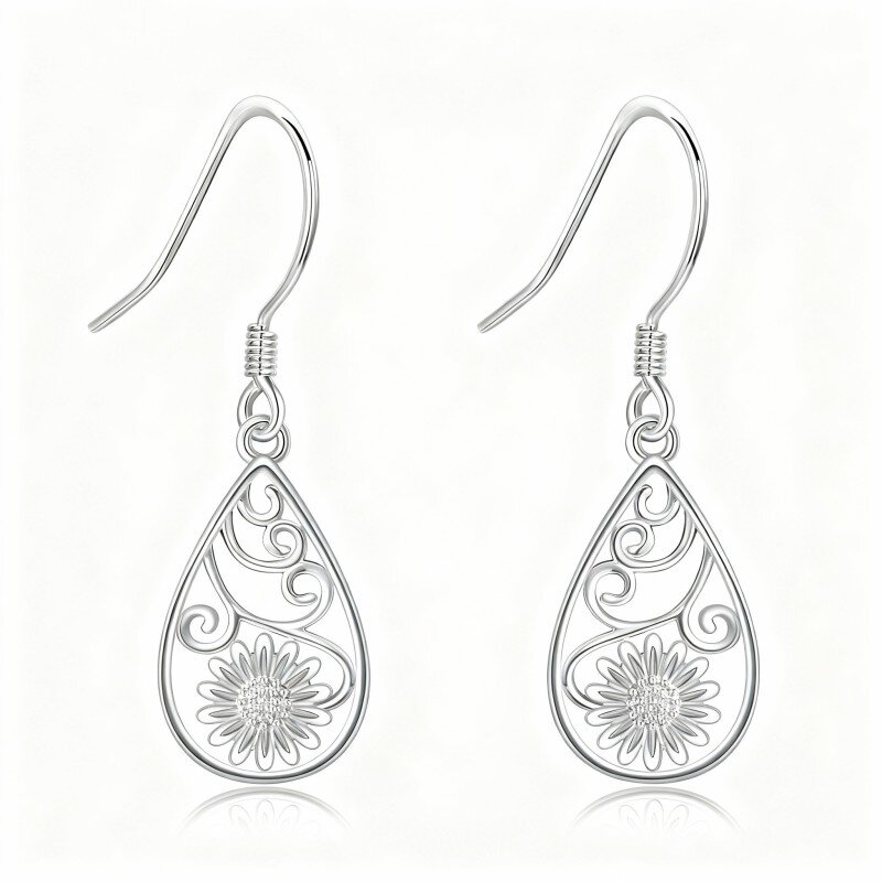 Pendientes colgantes de girasol en oro blanco de 10 quilates-4