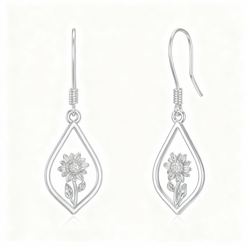 10K White Gold Sunflower & Drop Shape Drop Earrings-12