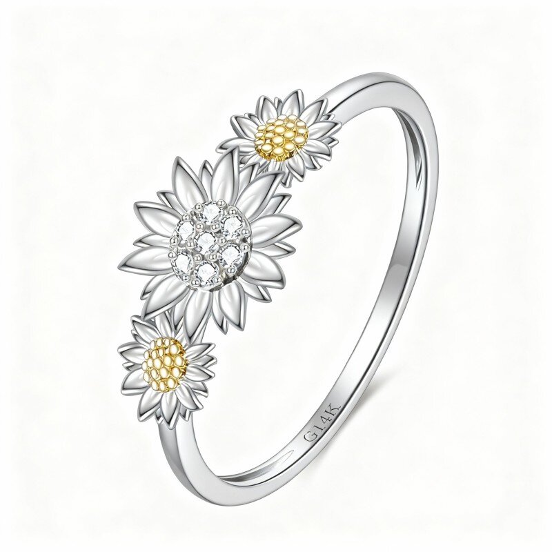 10K White Gold Cubic Zirconia Sunflower Engagement Ring-1