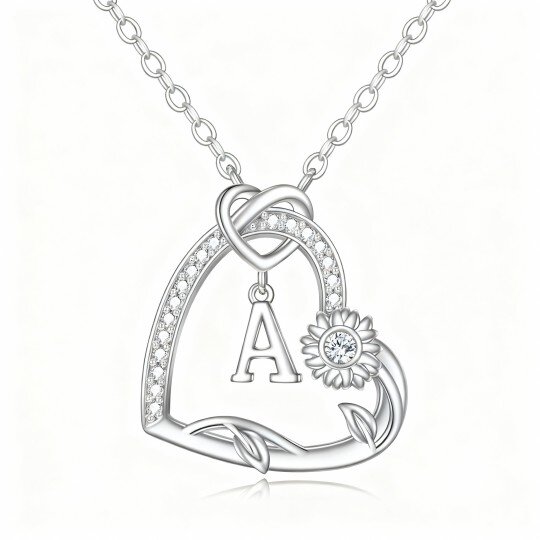 Colar em ouro branco 10K com zircónias cúbicas, girassol e coração, com pendente em forma de coração e inicial A.