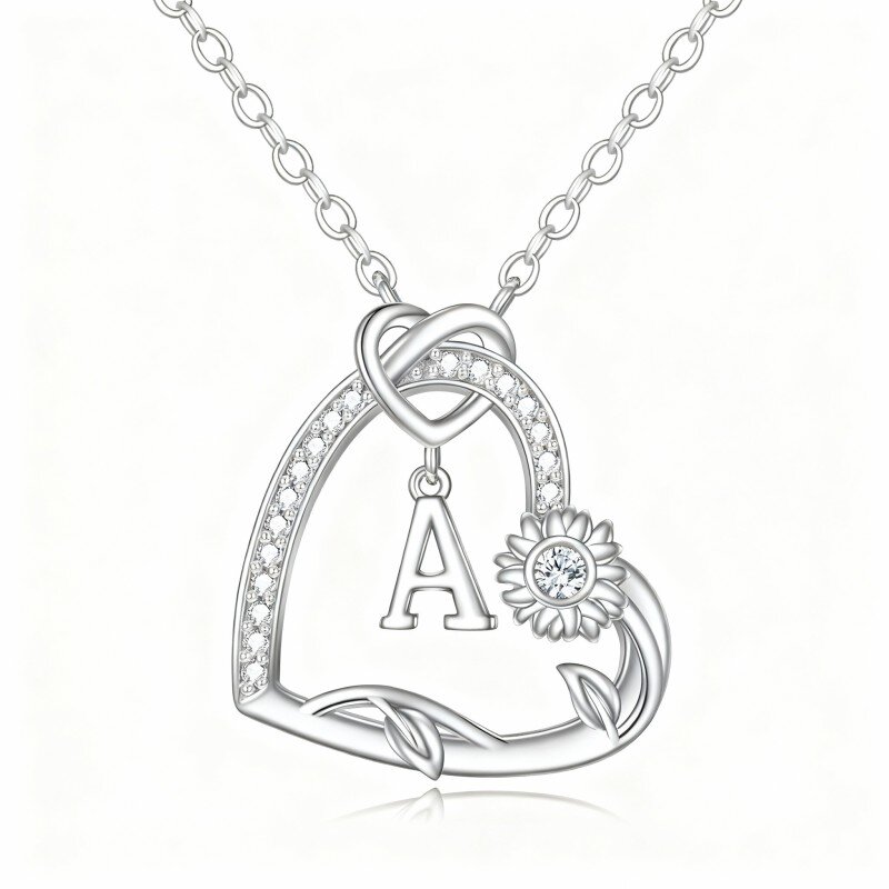 Colar em ouro branco 10K com zircónias cúbicas, girassol e coração, com pendente em forma de coração e inicial A.-1