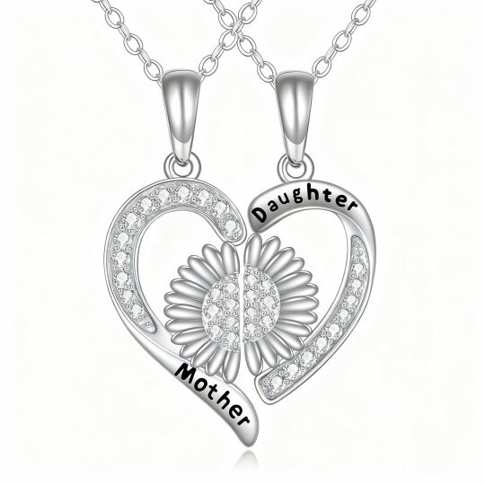 10K White Gold Cubic Zirconia Sunflower & Heart Pendant Necklace with Engraved Word