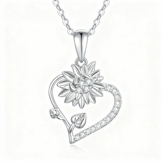 Colar com pendente girassol e coração em ouro branco 10K com zircónias cúbicas