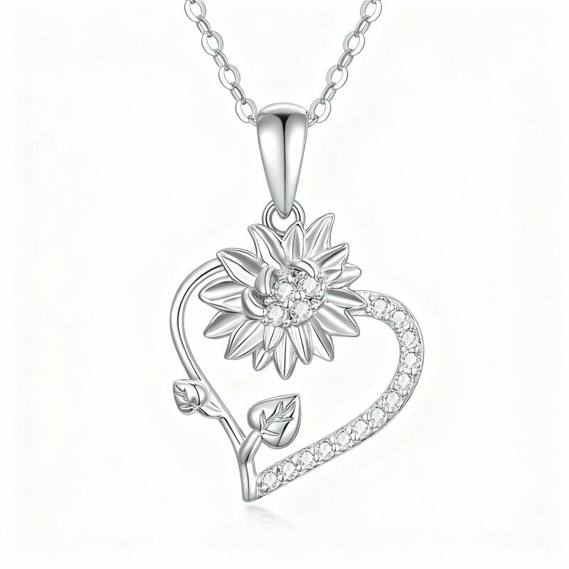 Colar com pendente girassol e coração em ouro branco 10K com zircónias cúbicas-17