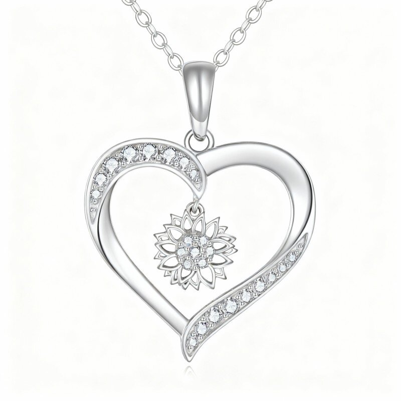 Colar com pendente girassol e coração em ouro branco 10K com zircónias cúbicas-13