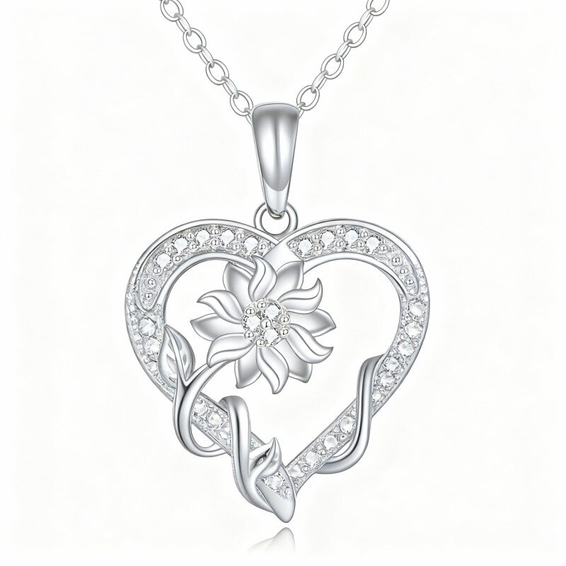 Colar com pendente girassol e coração em ouro branco 10K com zircónias cúbicas-10