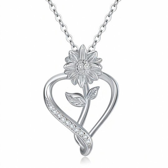 10K White Gold Cubic Zirconia Sunflower & Heart Pendant Necklace