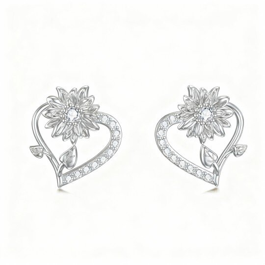 10K White Gold Cubic Zirconia Sunflower & Heart Stud Earrings